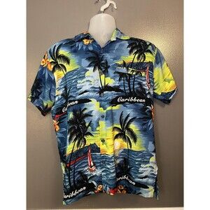 Rima Beachwear Shirt Mens Medium Blue Hawaiian Aloha Palm Trees Sunset Sailboat